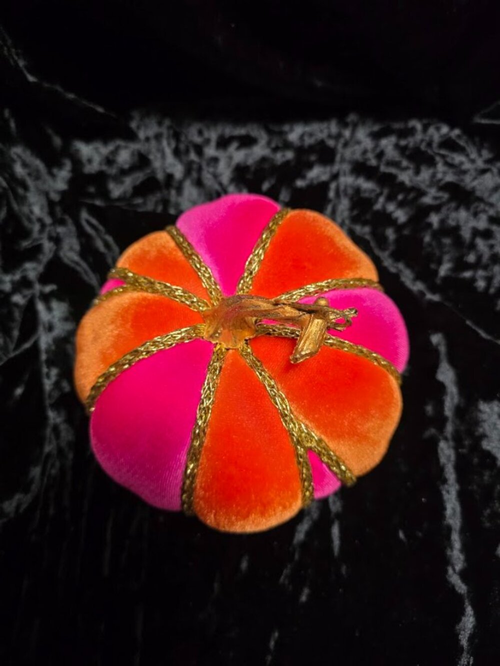 Orange and Hot Pink Velvet Pumpkin, Gold Cord Trim, Handcrafted - Picture 4 of 6